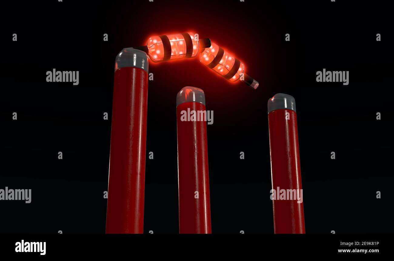 Rote elektronische Cricket-Wickets mit ausrichtenden Bällen und Beleuchtung LED Lichter auf dem Hintergrund des Nachthimmels - 3D Rendern Stockfoto