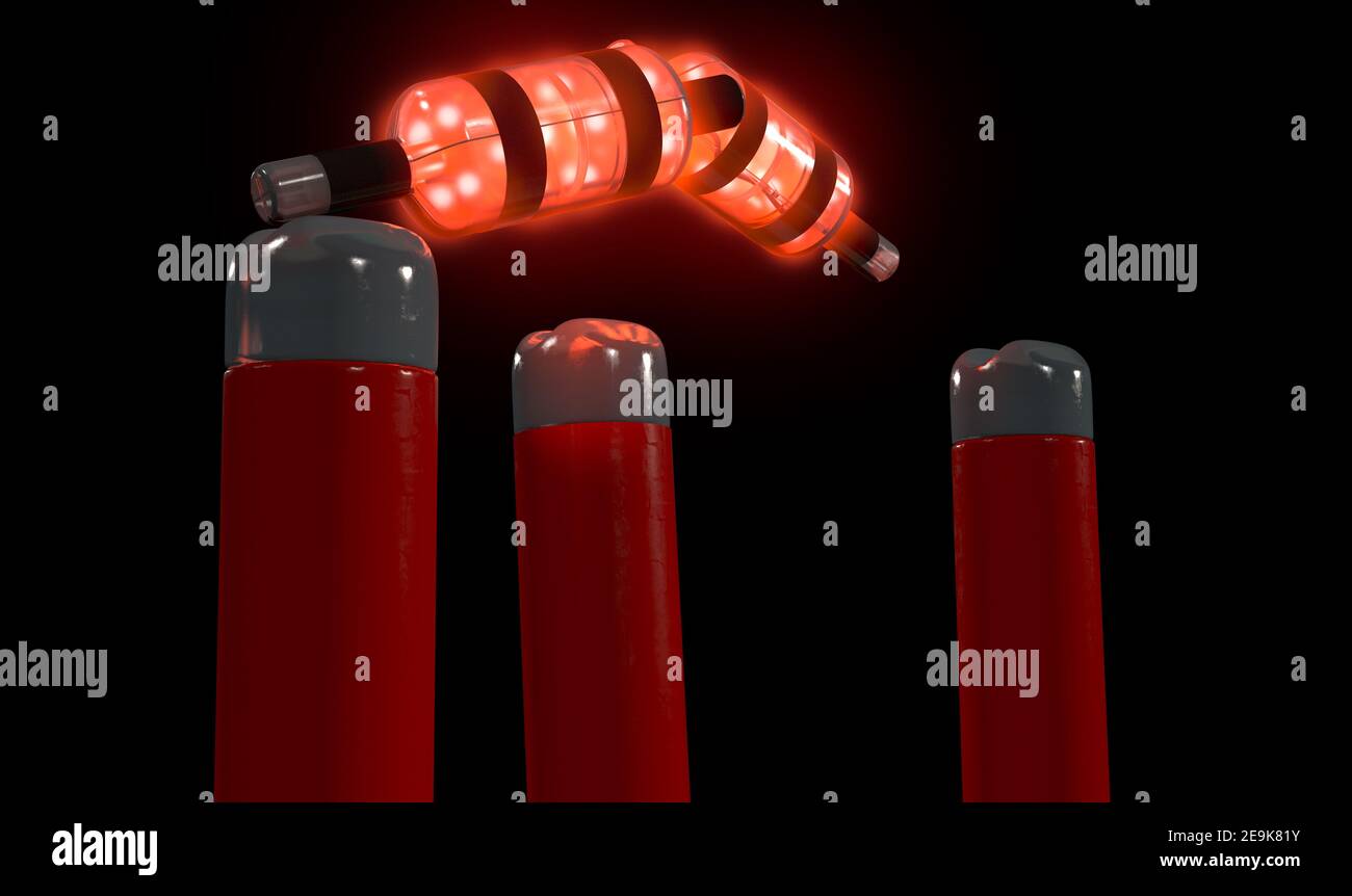 Rote elektronische Cricket-Wickets mit ausrichtenden Bällen und Beleuchtung LED Lichter auf dem Hintergrund des Nachthimmels - 3D Rendern Stockfoto