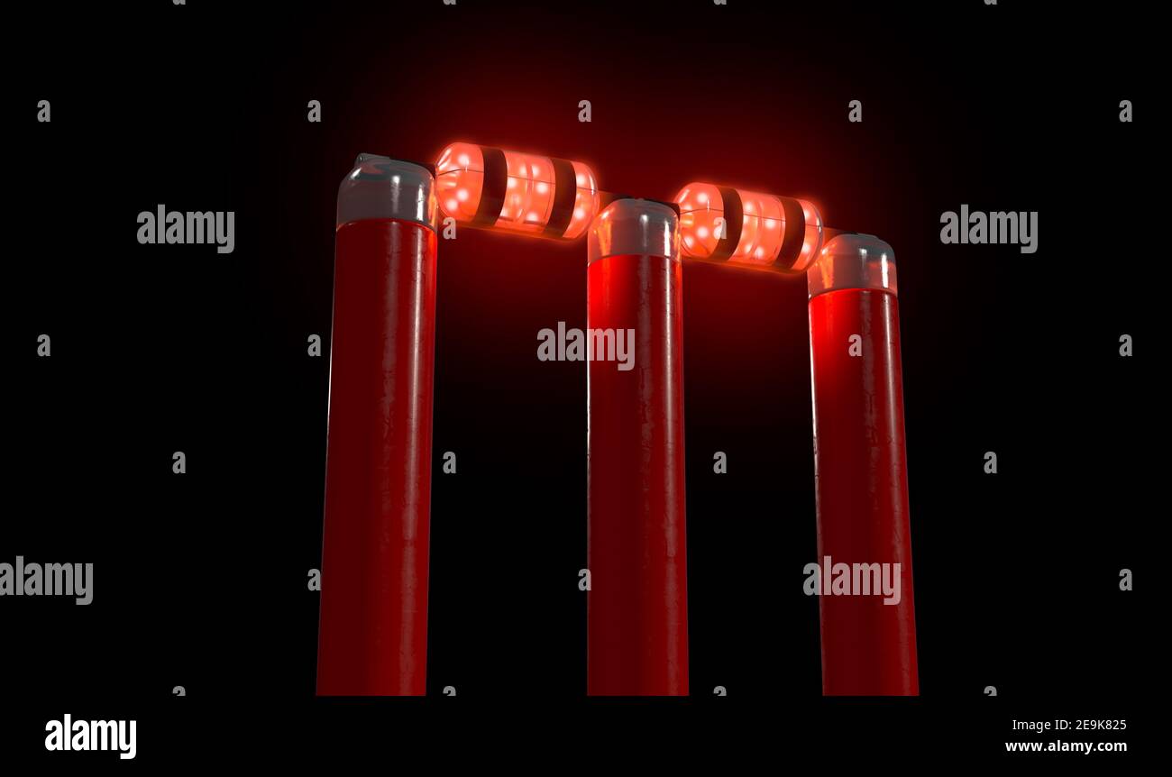 Rote elektronische Cricket-Wickets mit Bails und LED-Beleuchtung Auf dem Hintergrund des Nachthimmels - 3D rendern Stockfoto