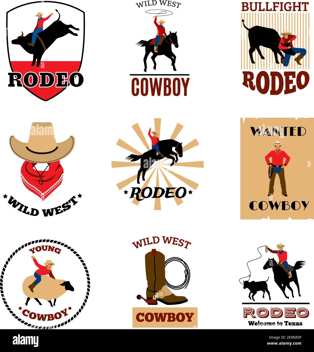 Cowboy Rodeo-Spiele von Mustang Reiten und Stierkampf Lasso Verwendung flache Embleme setzen isolierte Vektor-Illustration Stock Vektor