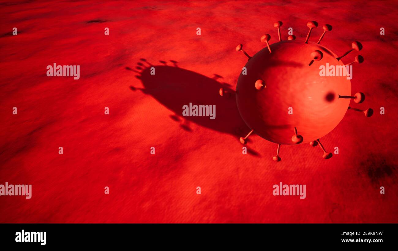 Konzept oder konzeptionelle 3d-Darstellung von Coronavirus auf rotem Hintergrund Als Warnung vor dem weltweiten Ausbruch und der Gefahr von Übertragung von Coronavirus Stockfoto