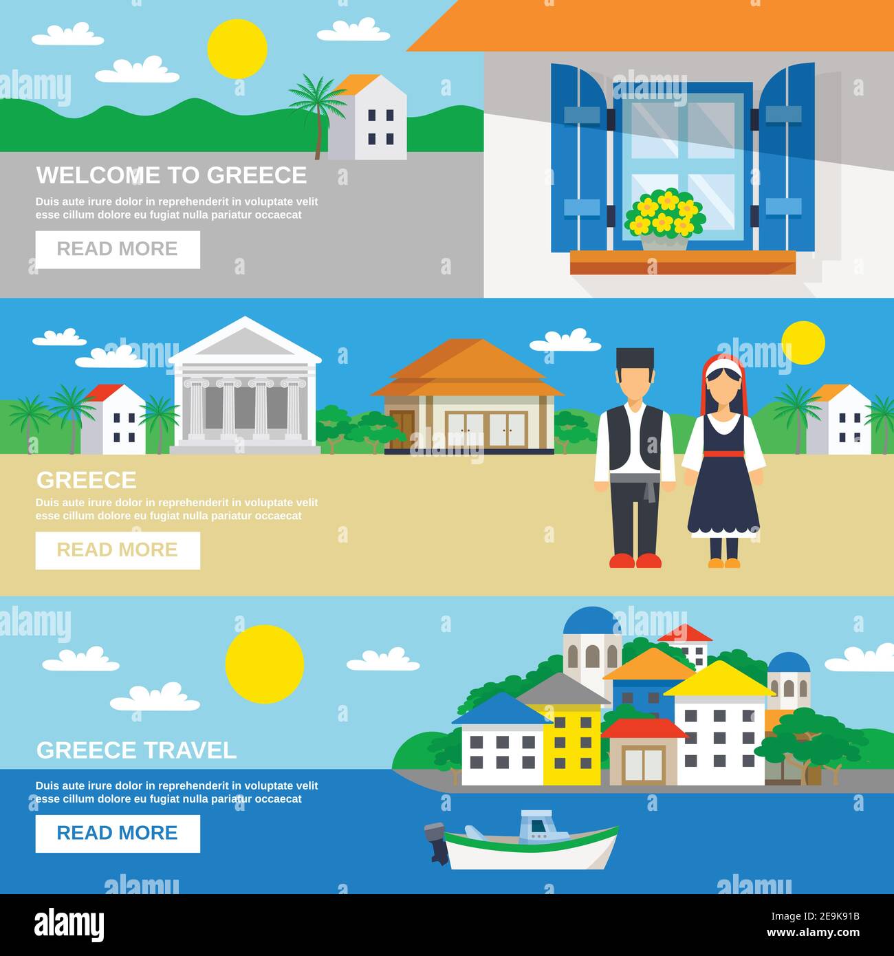 Drei horizontale Bannerset mit dem Welcome to Greece Slogan Und dekorative Landschaften Vektor-Illustration Stock Vektor