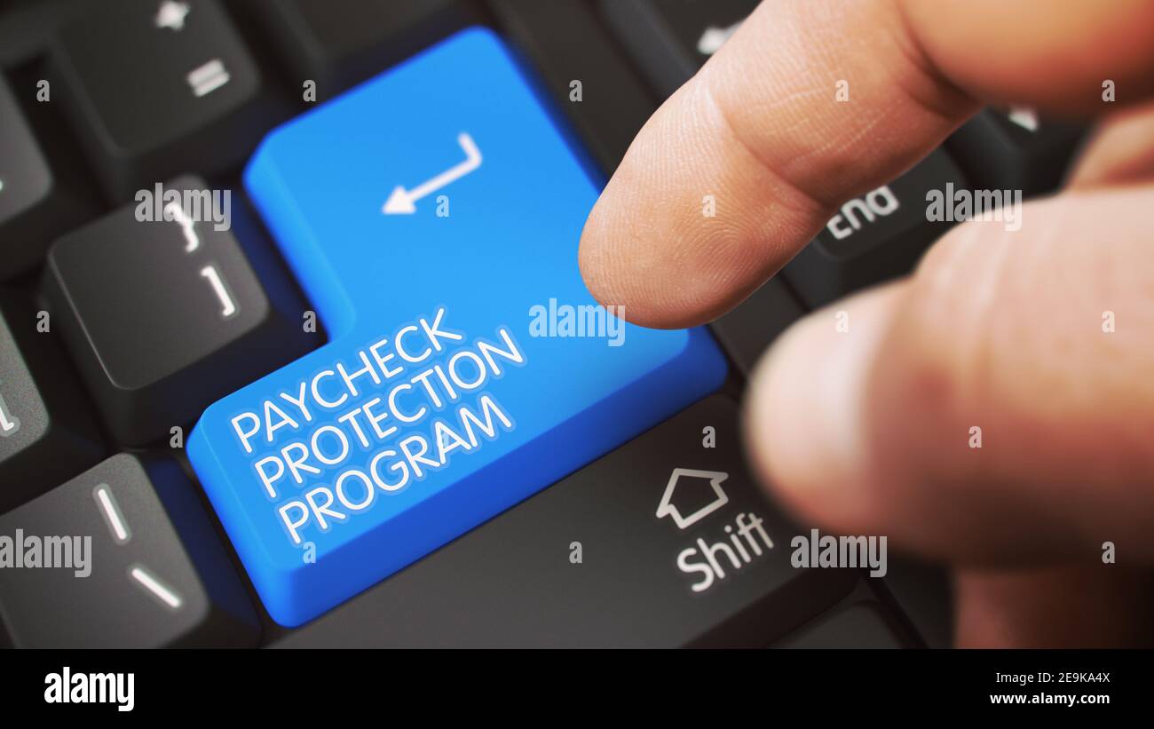 Fingerdruck auf weiße Tastatur blaue Taste mit PAYCHECK-SCHUTZ-PROGRAMM Zeichen. 3D. Stockfoto