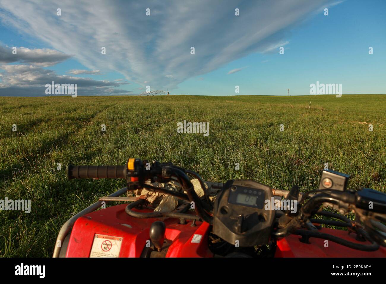 Center Pivot Wasser Bewässerung von luzerner Gras auf einem Milchviehbetrieb. Milchviehhaltung in Warrnambool, South West Victoria, Australien Stockfoto