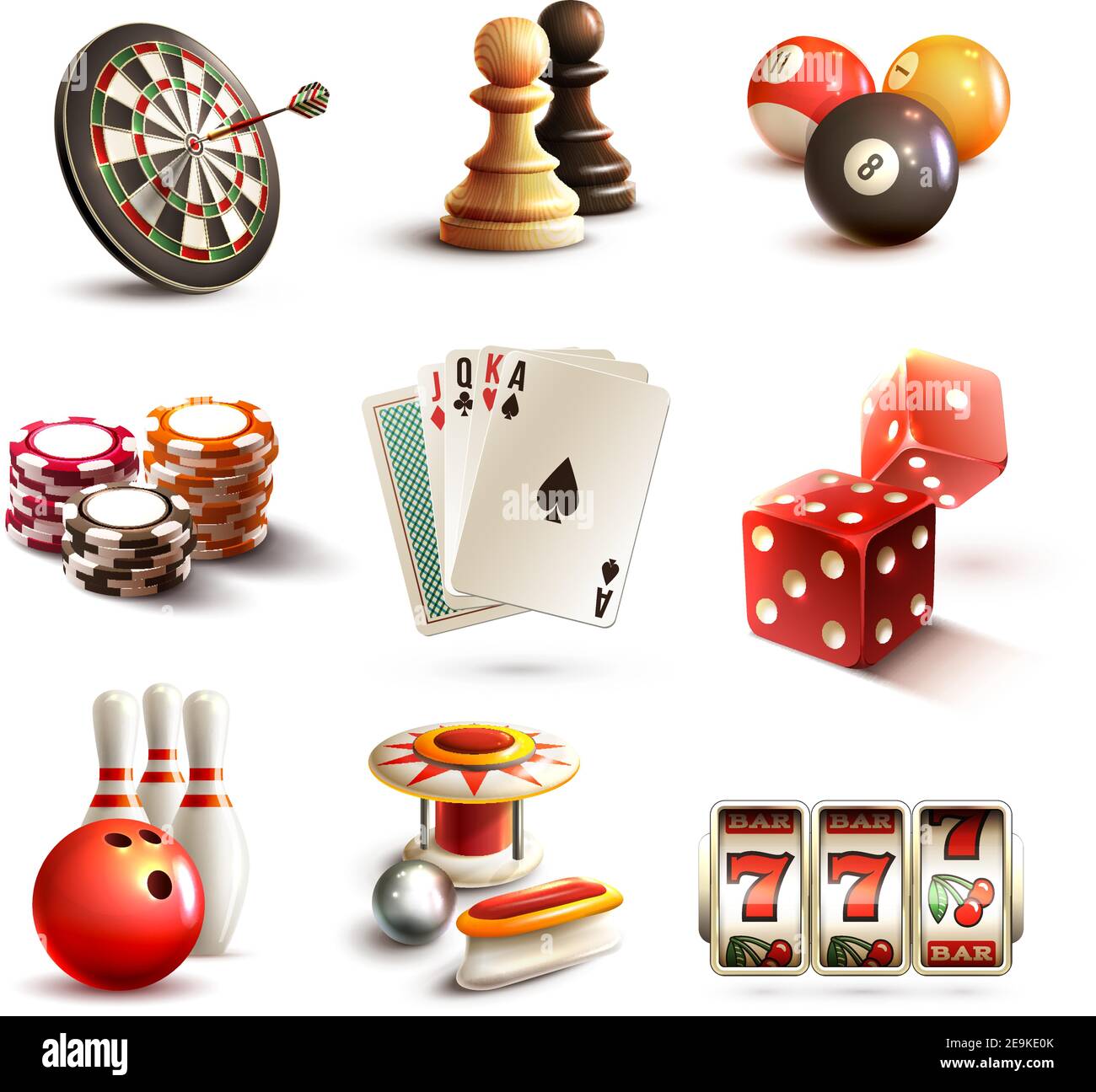 Spiel realistische Symbole mit Casino Sport und Freizeit-Spiele gesetzt Isolierte Vektordarstellung Stock Vektor