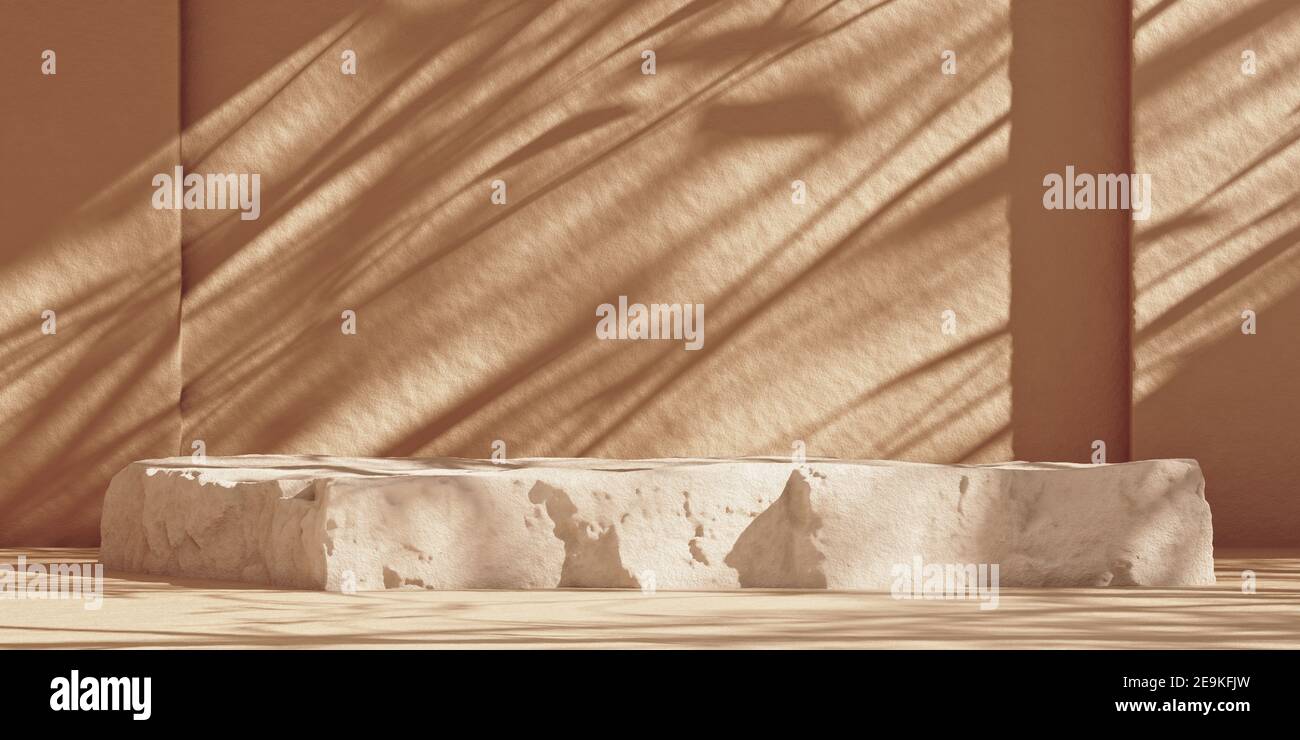 Produkt Podium aus Stein auf beige Wand mit Baum Sonnenschirm Schatten. Abstrakte geometrische Stein Bühne Hintergrund für Produktpräsentation. 3D Rendering Podium Mockup. Stockfoto