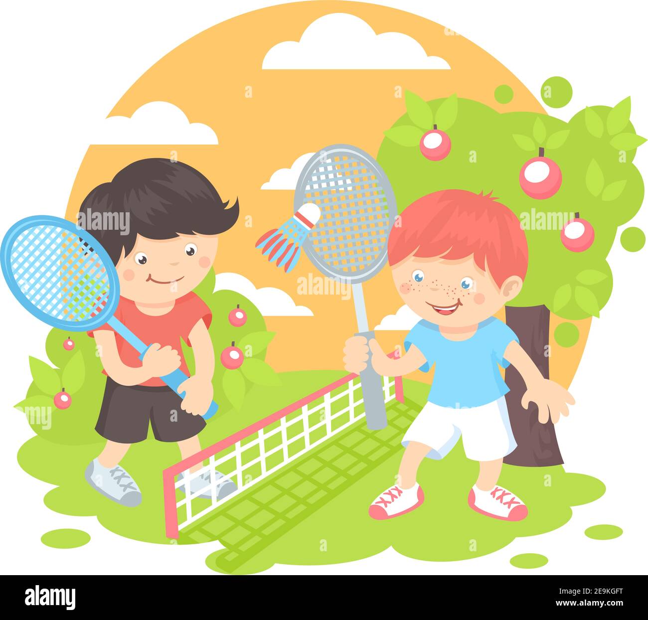 Jungen Kinder mit Sport Schläger spielen Badminton auf dem Rasen Vektordarstellung im Freien Stock Vektor