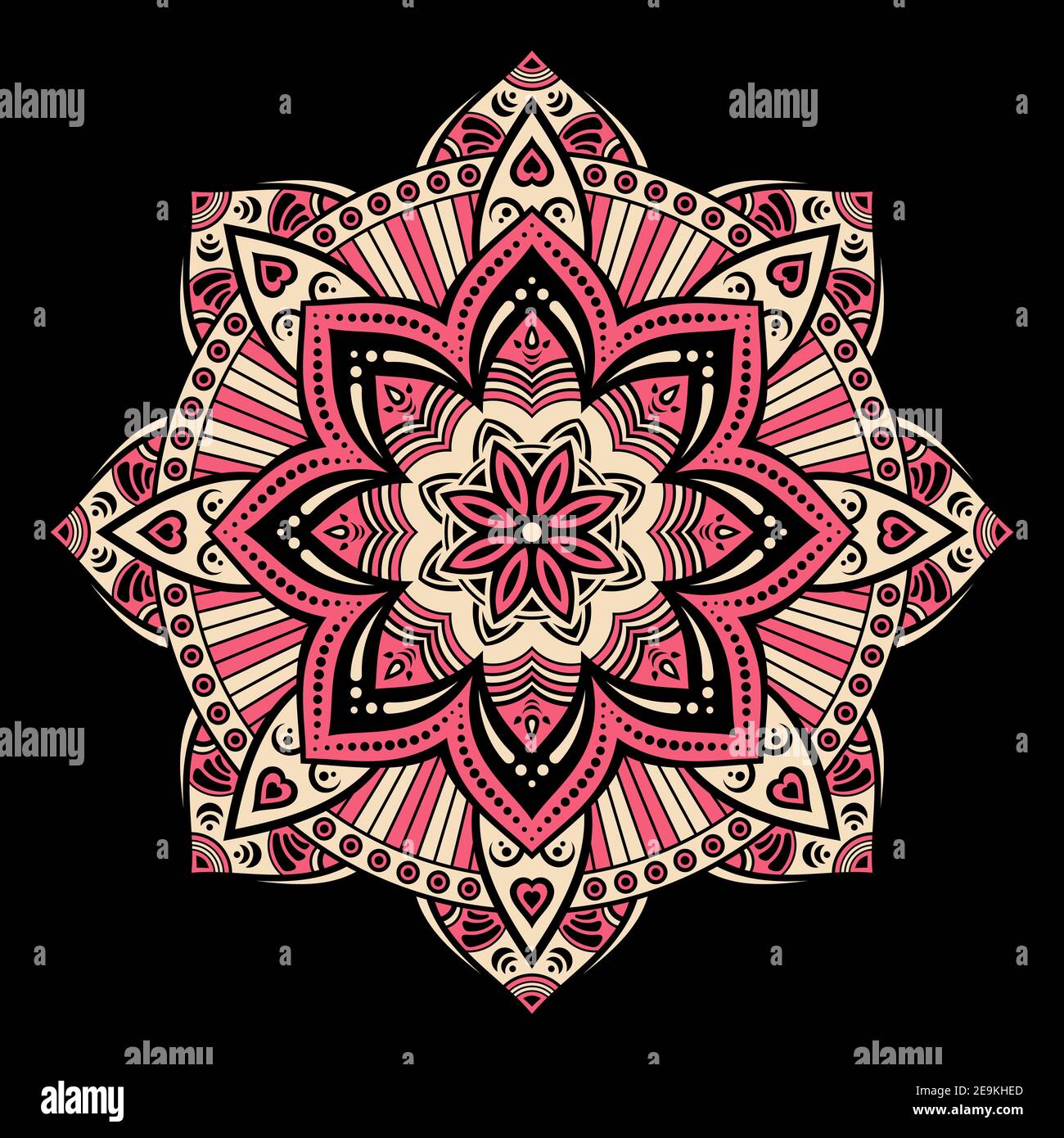 Mandala. Dekorativer Rundschmuck. Isoliert auf schwarzem Hintergrund. Arabische, indische, ottomanische Motive. Für Karten, Einladungen, T-Shirts. Vektorfarbe. Stock Vektor