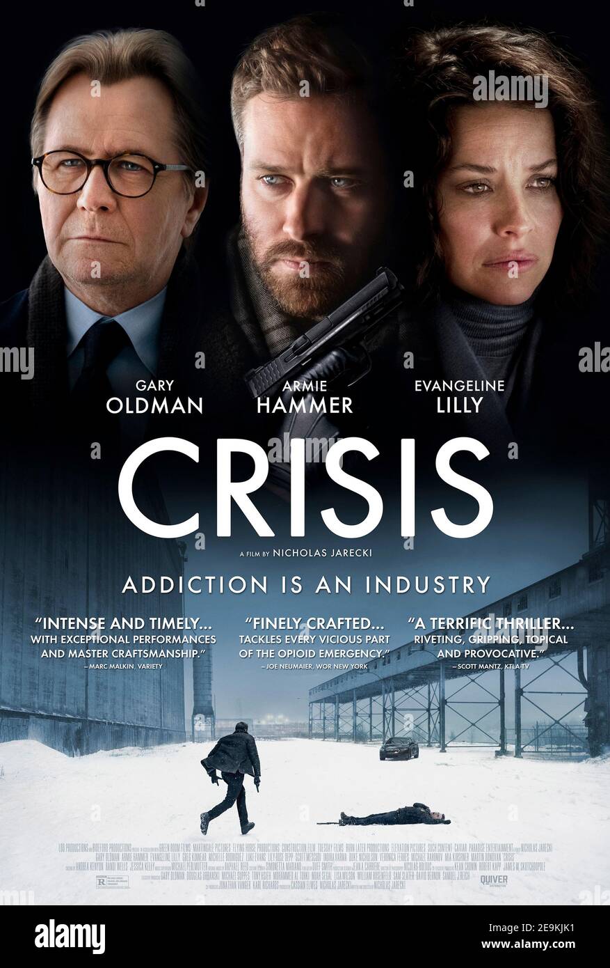 Crisis (2021) unter der Regie von Nicholas Jarecki mit Gary Oldman, Armie Hammer und Evangeline Lilly. Drei miteinander verflochende Geschichten über die Opiodenkrise in den Vereinigten Staaten. Stockfoto