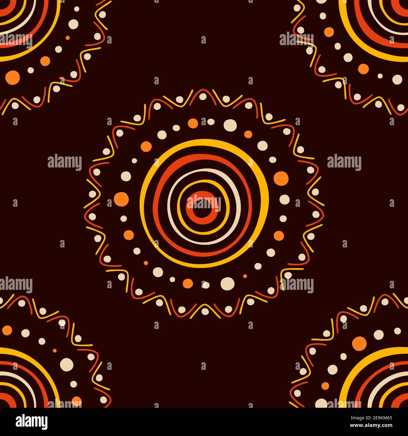 Australian Aboriginal nahtlose Muster mit Kreisen, krummen Streifen, Punkte, isoliert auf braunem Hintergrund. Endlose, stylische Textur. Ethnische Struktur. Stock Vektor