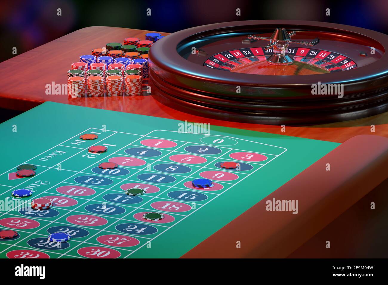 Chips auf einem Casino Roulette Tisch. Selektiver Fokus. 3D Abbildung. Stockfoto