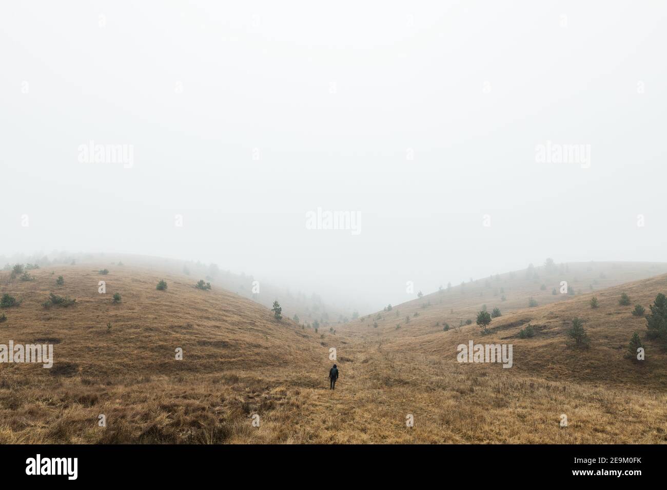 Junger Mann, der an einem nassen Wintermorgen die Natur erkundet Die Berge Stockfoto