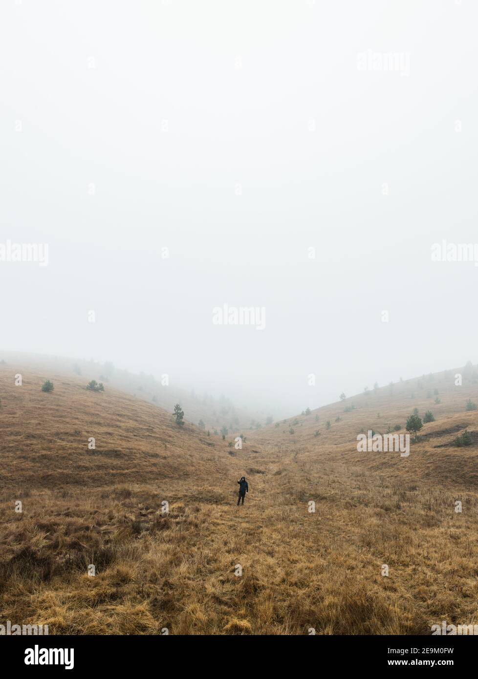 Junger Mann, der an einem nassen Wintermorgen die Natur erkundet Die Berge Stockfoto