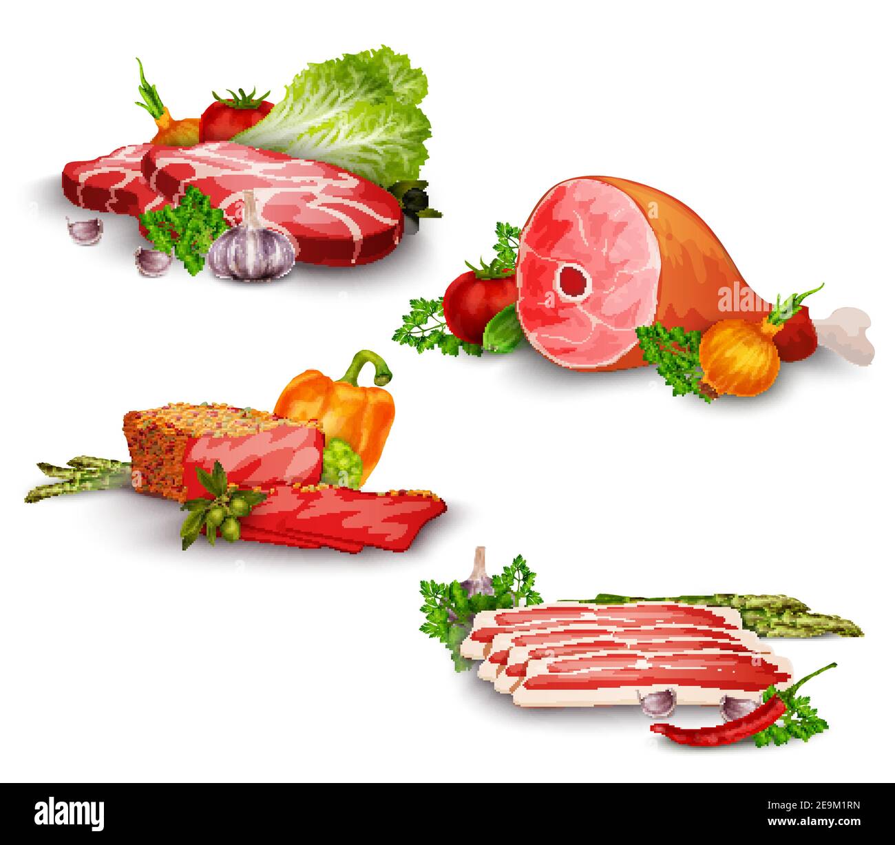 Fleisch Schweinefleisch und Rindfleisch Steaks mit Gemüse Lebensmittel-Set isoliert vektorgrafik Stock Vektor
