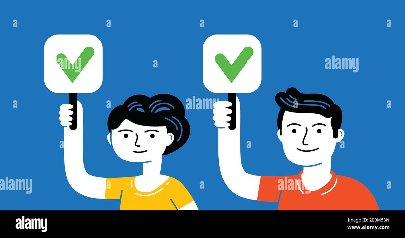 Personen, die Schilder halten. Abstimmung, Social-Poll-Vektor Stock Vektor