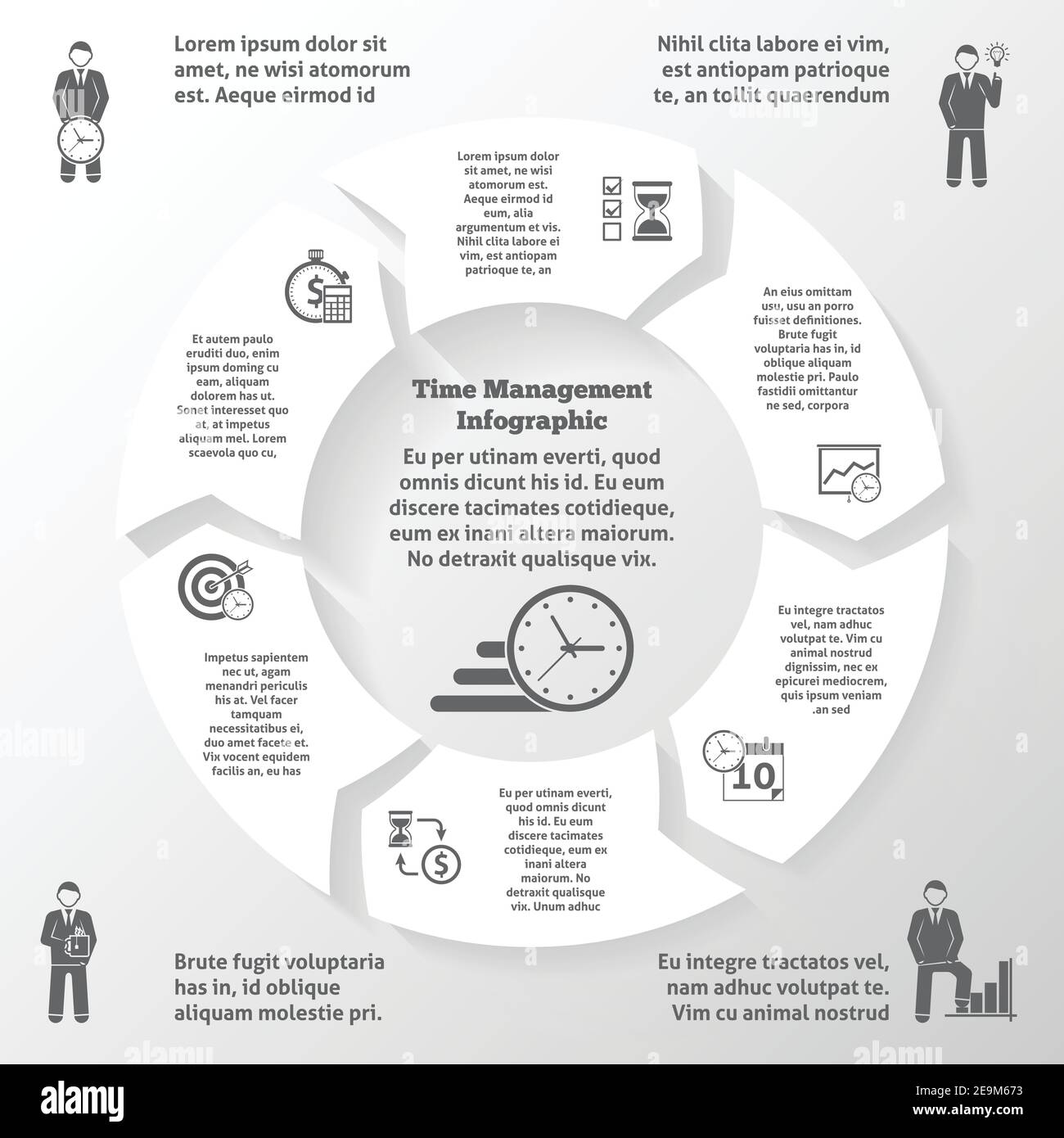 Zeitmanagement-Infografiken mit Business-Effizienz und Office-Work-Management Symbole Vektordarstellung Stock Vektor