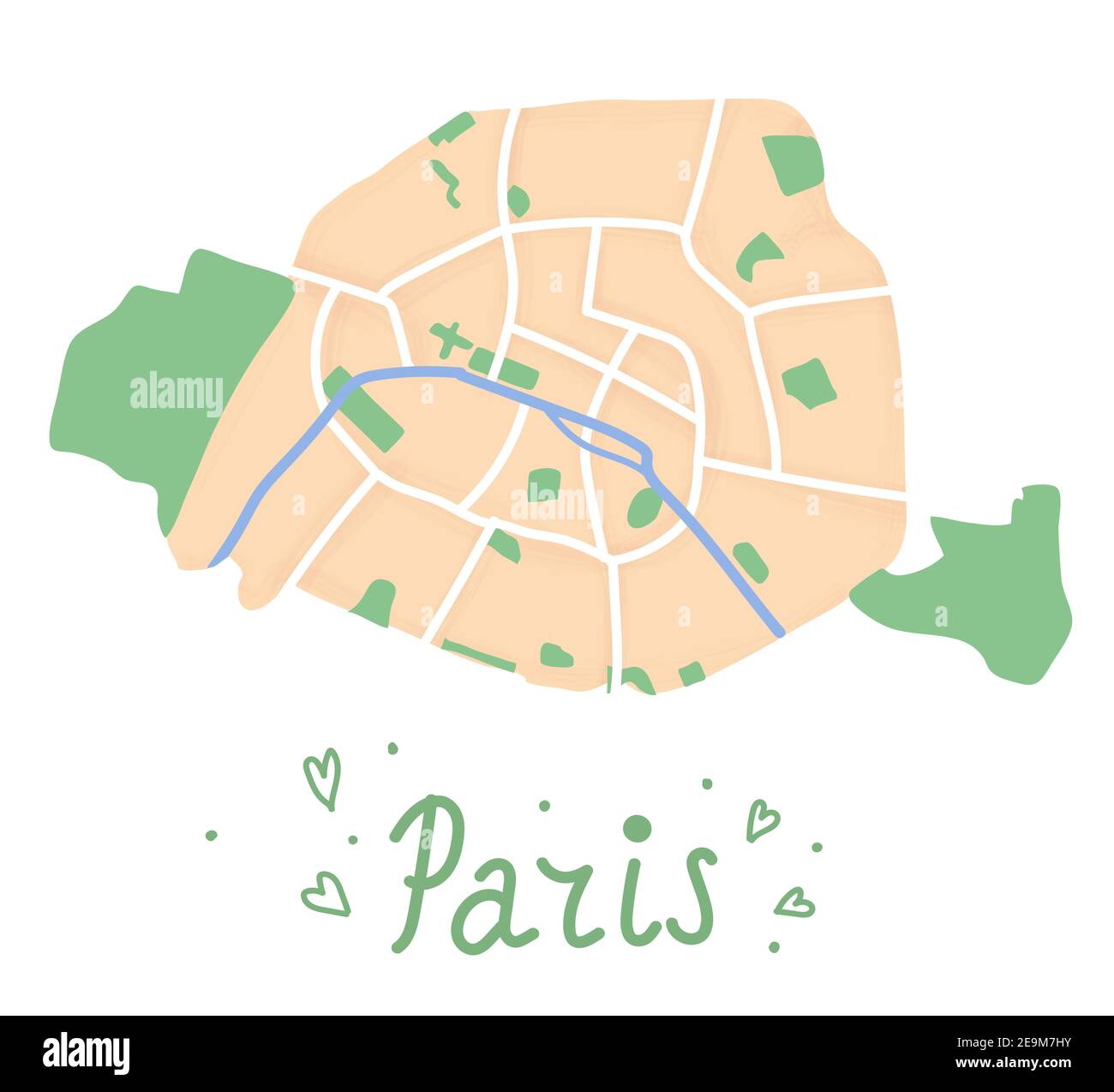 Cartoon flache Karte des Zentrums von Paris. Der Fluss seine ist blau, der Bois de Boulogne und der Bois de Vincennes sind grün. Lustige nette europäische Stadtplan. Vect Stock Vektor
