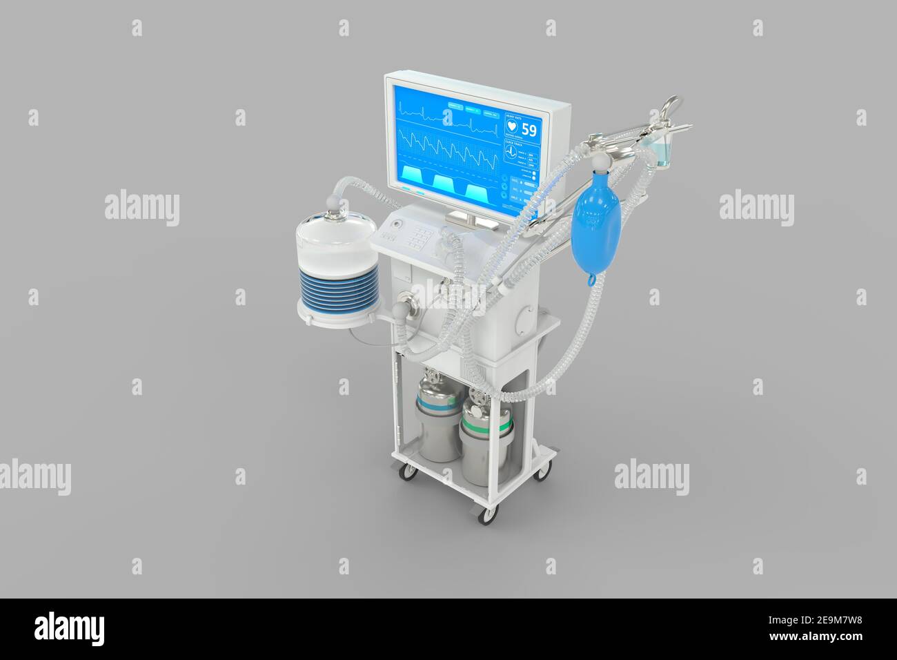 ICU künstlicher Lungenventilator mit fiktivem Design isoliert auf grauem Hintergrund - heal covid-19 Konzept, medizinische 3D Illustration Stockfoto