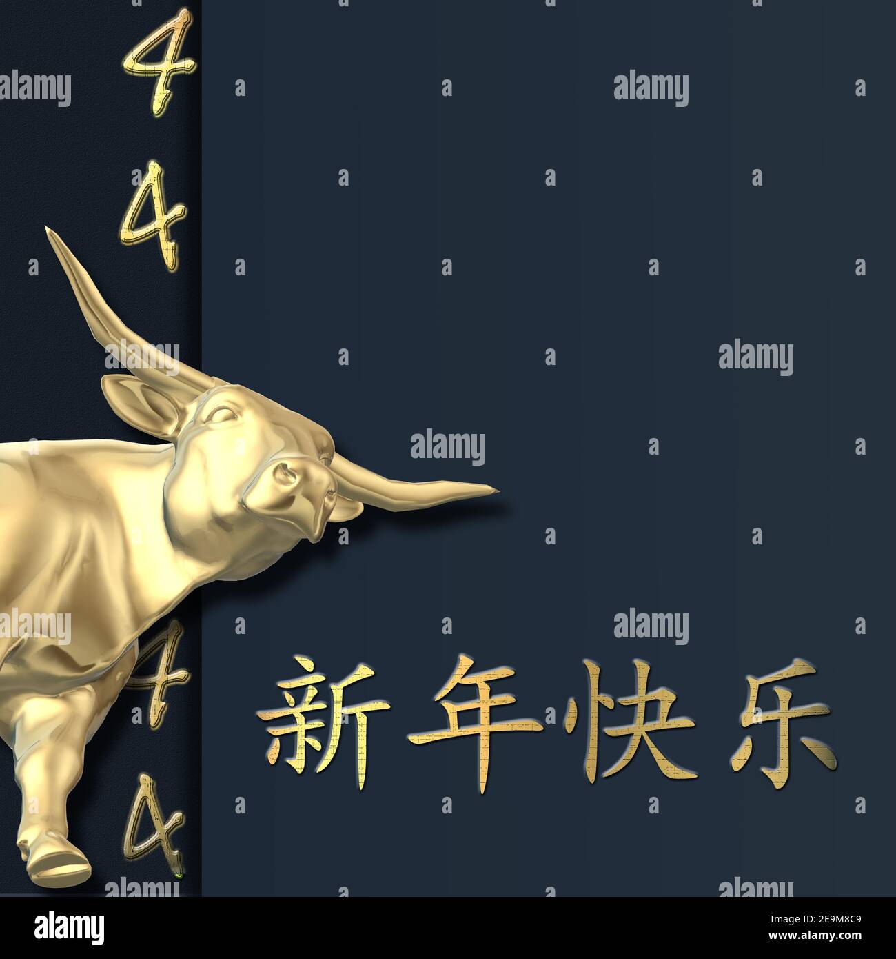 Ochsymbol des chinesischen Neujahrs 2021, Glückszahl 4 auf blauem Hintergrund. Goldener Text glückliches chinesisches Neujahr. Design für orientalische 2021-Jahreskarte. 3D RE Stockfoto