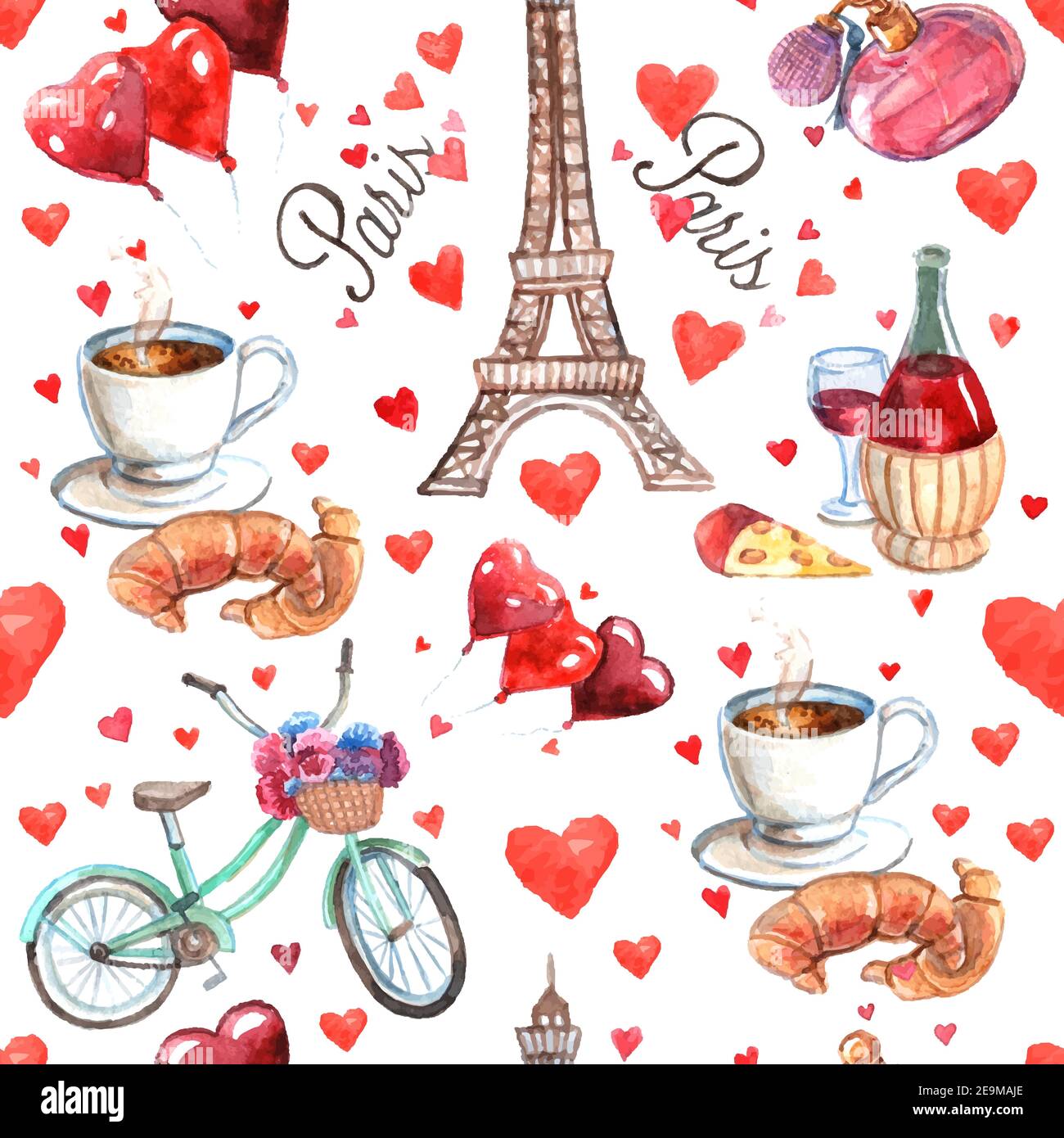 Paris romantische Liebe Kultur lesen Herz Symbole nahtlose dekorative Souvenir Wrap Papier Muster Aquarell abstrakten Vektor Illustration Stock Vektor