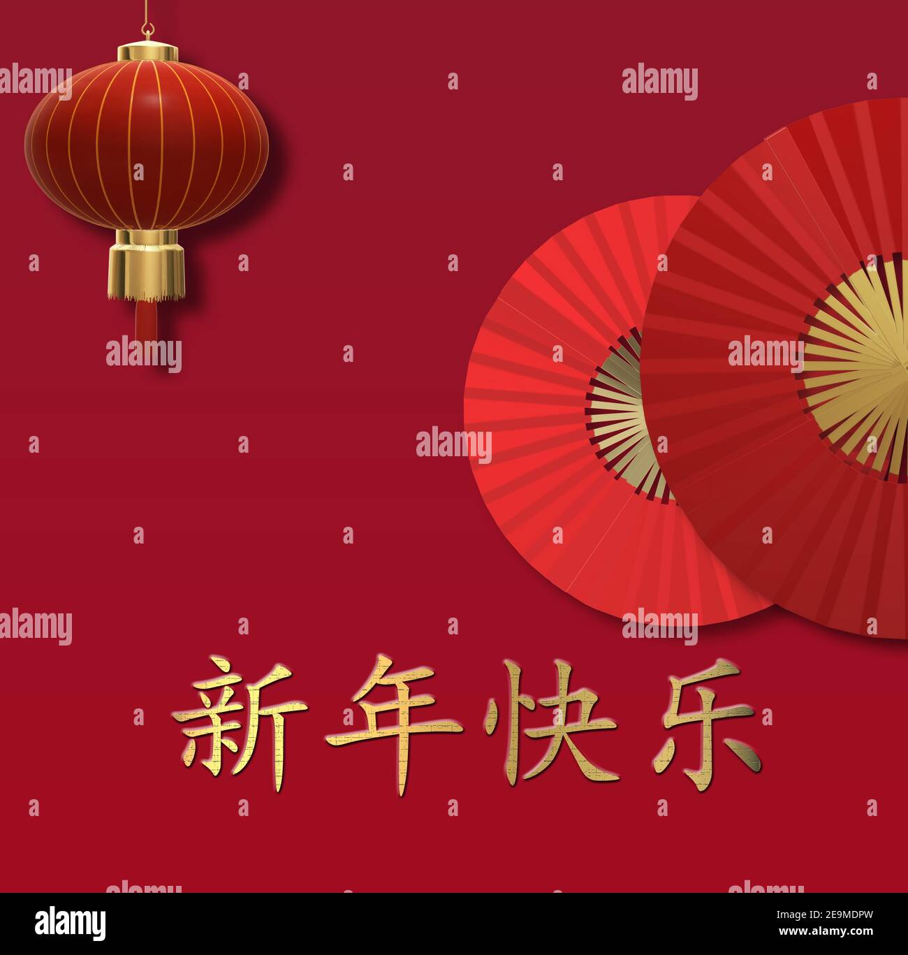 Frohes chinesisches neues Jahr 2021. Ventilator, Laterne auf rotem Hintergrund. Chinesischer Text: Glückliches chinesisches neues Jahr. 3D Rendern Stockfoto