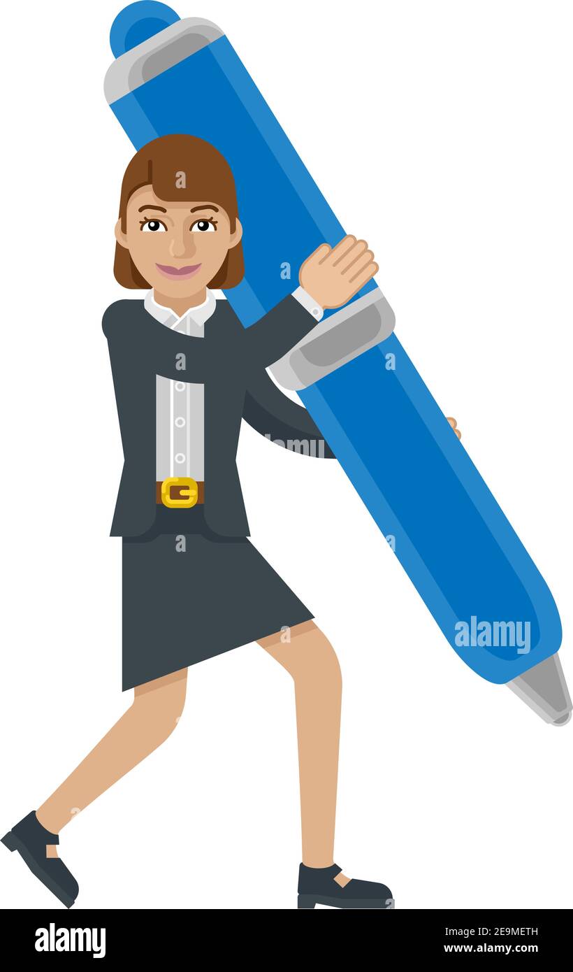 Business Woman Holding Pen Mascot Konzept Stock Vektor