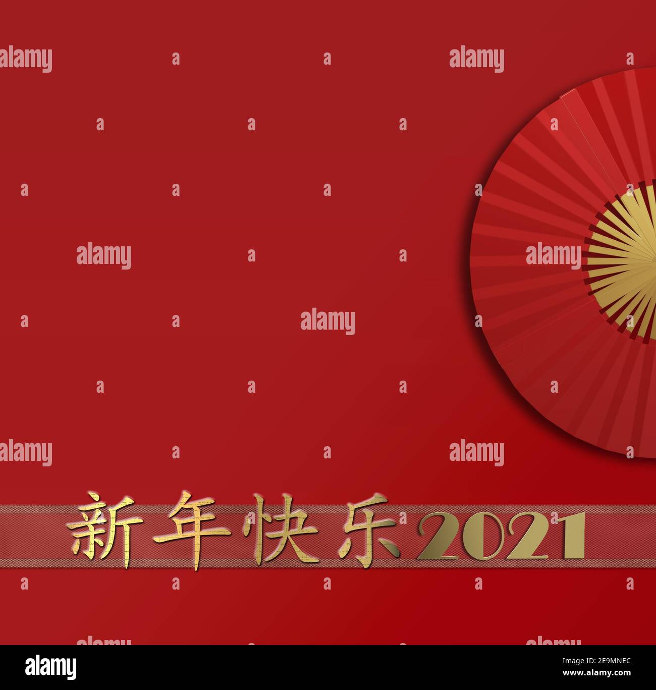 Frohes neues Jahr 2021 Karte. Frohes chinesisches Neujahr goldener Text in Chinesisch, Ziffer 2021, Fächer auf rotem Hintergrund. Design für Grußkarte, Einladung, po Stockfoto