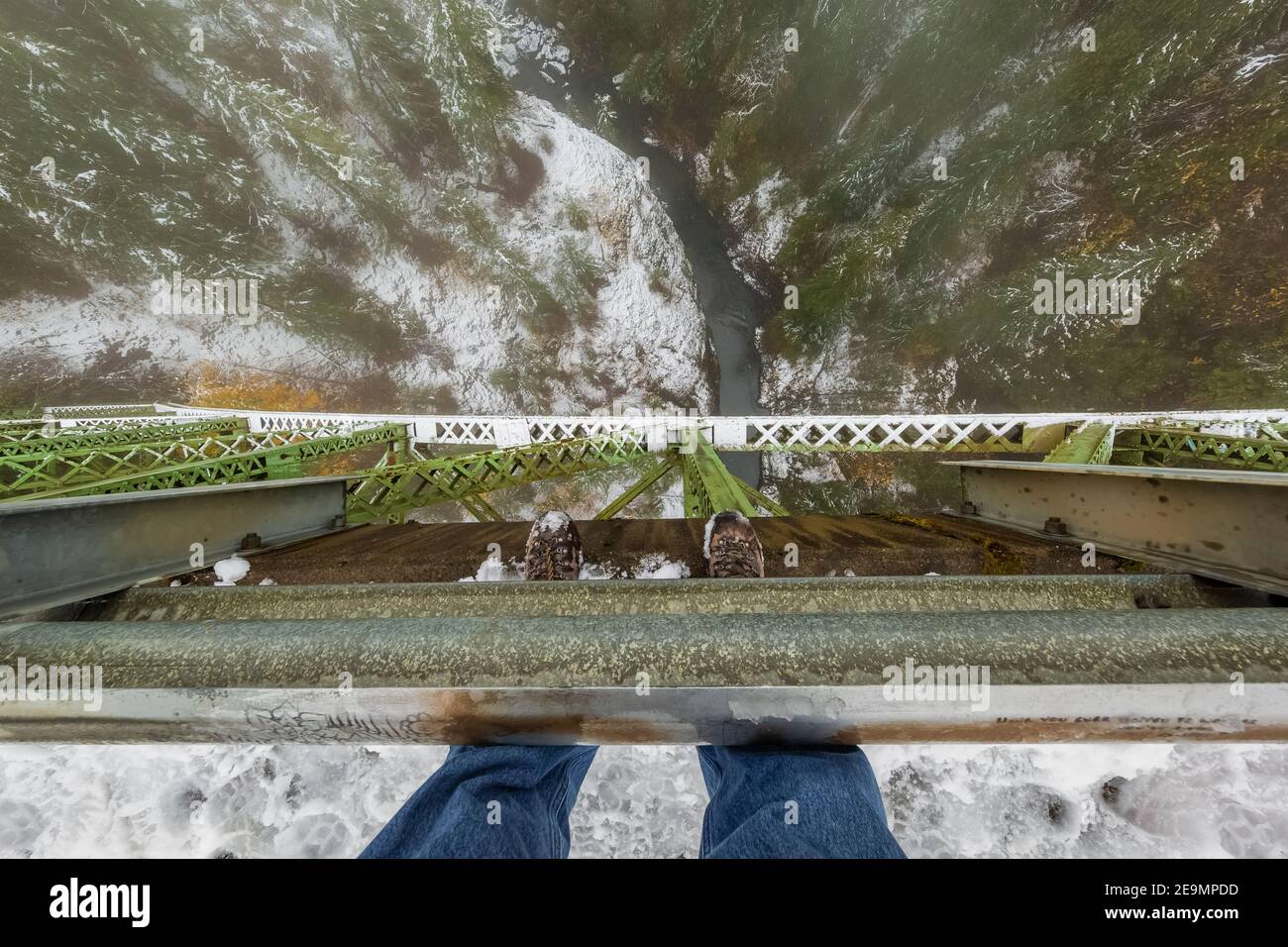 Blick hinunter von der High Steel Bridge, einst eine Holzfäller Eisenbahnbrücke und jetzt eine Straßenbrücke über den South Fork Skokomish River, Olympic National Fores Stockfoto