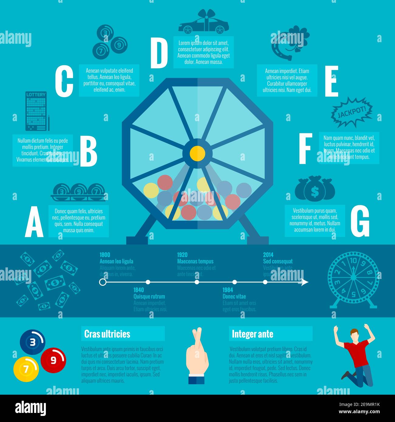 Lotterie-Maschine Geschichte Infografik-Diagramm mit Gewinnpreisen bar und Ware Präsentation Poster flach abstrakt Vektor Illustration Stock Vektor