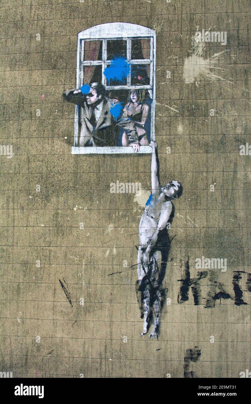 Banksy Kunst an der Wand in Bristol, Großbritannien. Stockfoto