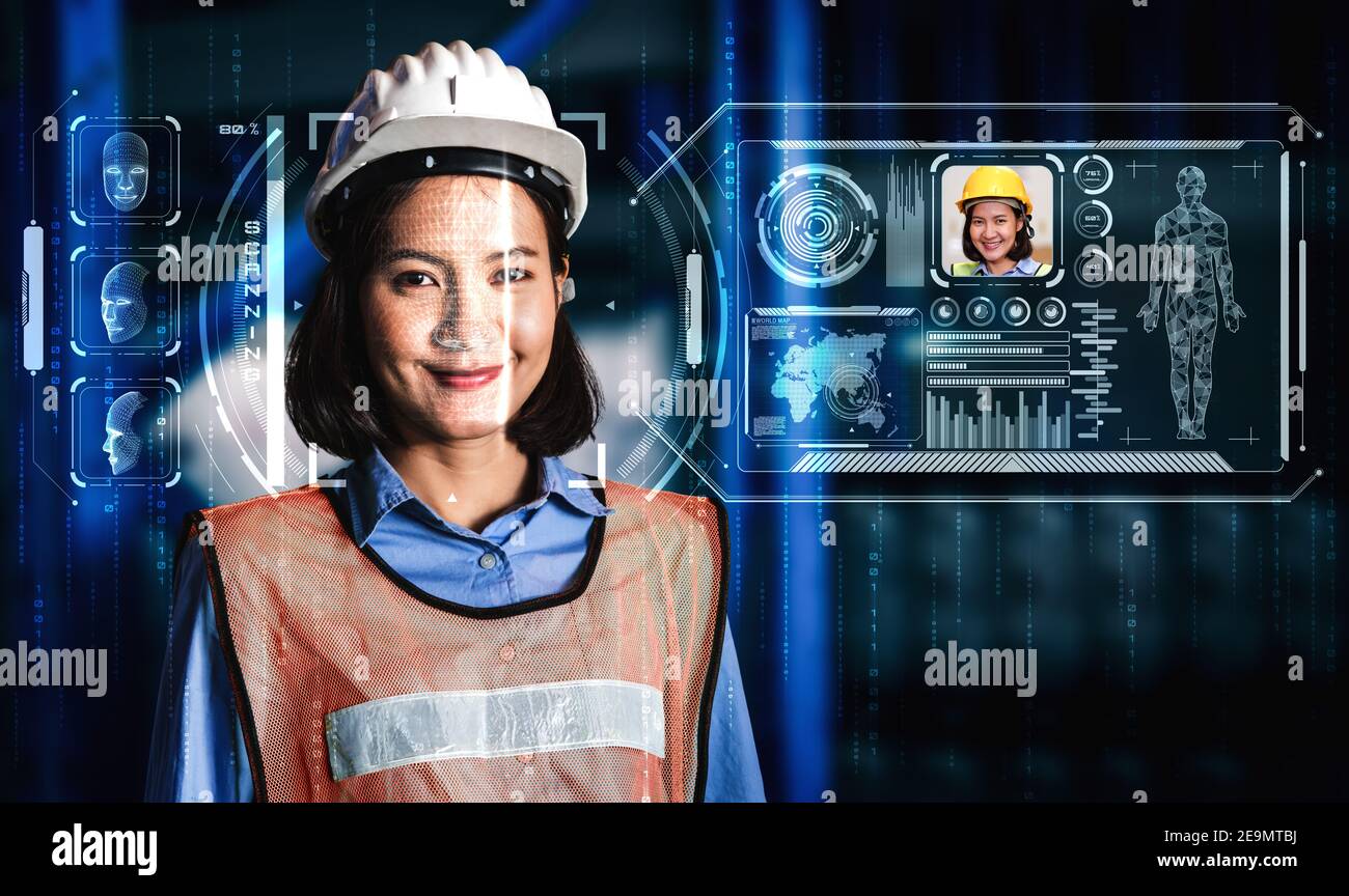 Gesichtserkennung Technologie für Industriearbeiter auf Maschinensteuerung zugreifen . Future Concept Interface zeigt digitales biometrisches Sicherheitssystem das Stockfoto
