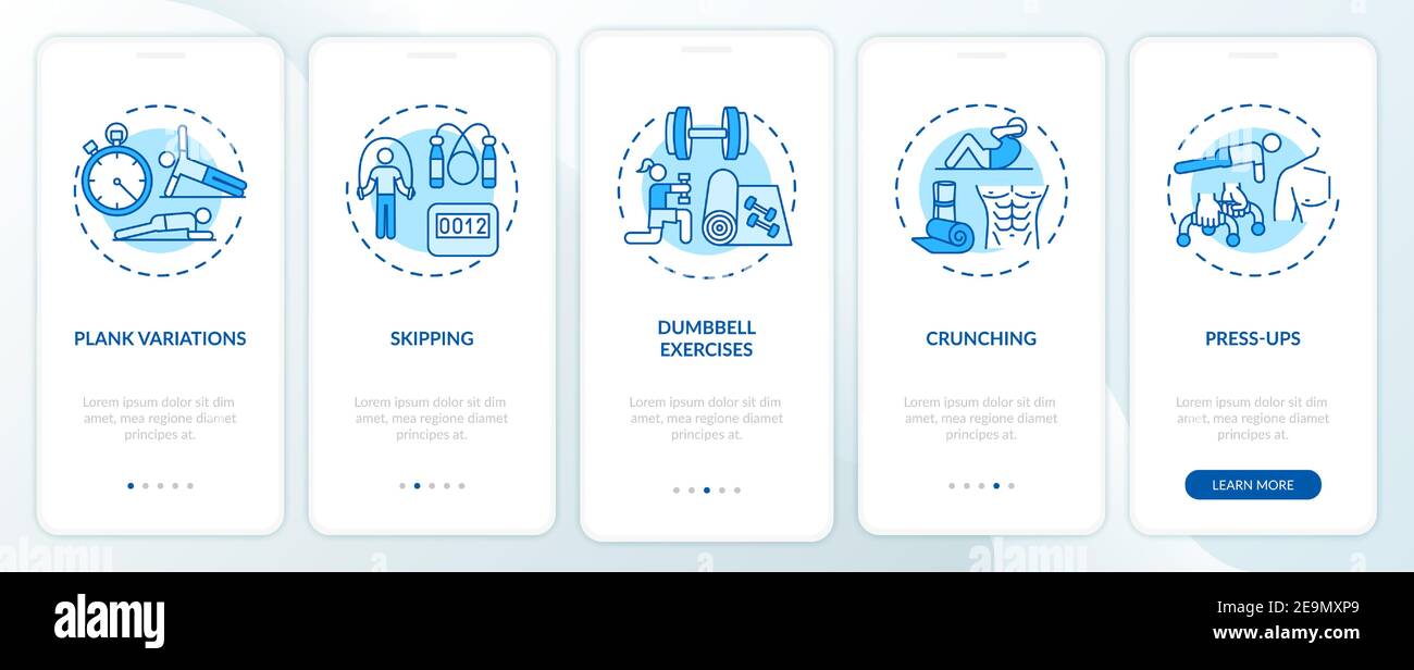 Zu Hause Workouts Onboarding mobile App Seite Bildschirm mit Konzepten Stock Vektor