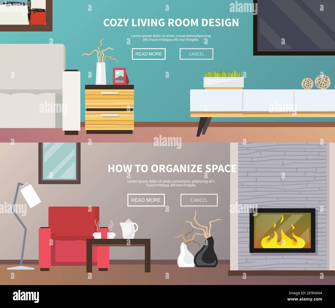 Wohnzimmer Interior Design und Möbel horizontale Banner-Set isoliert vektorgrafik Stock Vektor