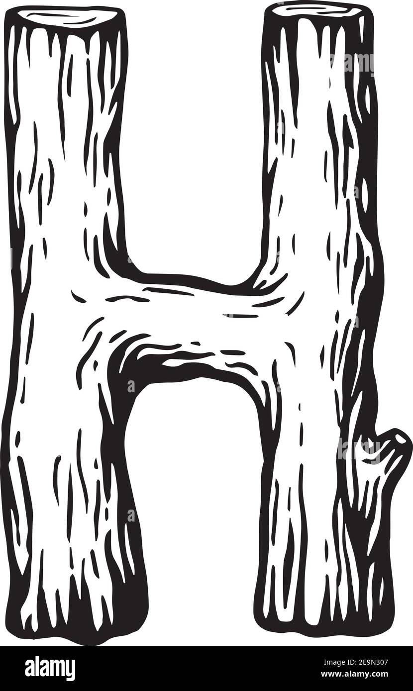 Schwarze Gravur Buchstabe H aus Holz mit Blättern Der weiße Hintergrund Stock Vektor