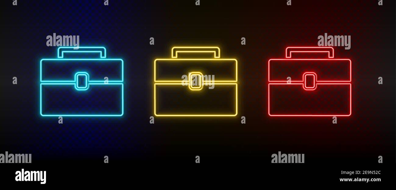 Neon Icon Set Aktentasche, Tasche. Set von roten, blauen, gelben Neon-Vektor-Symbol Stock Vektor