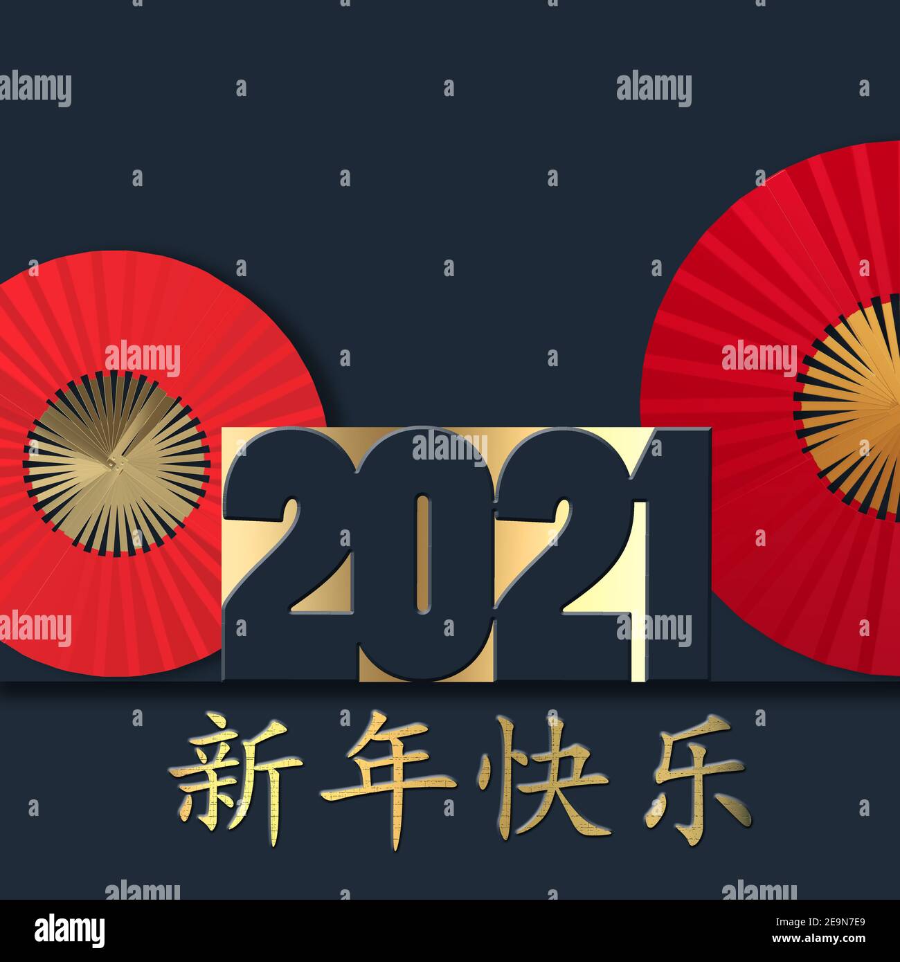 Chinesisches Neujahr 2021. Goldener Text glückliches chinesisches Neujahr, Ziffer 2021, rote Fans auf blauem Hintergrund. Design für orientalische Jahreskarte. 3D Rendern Stockfoto