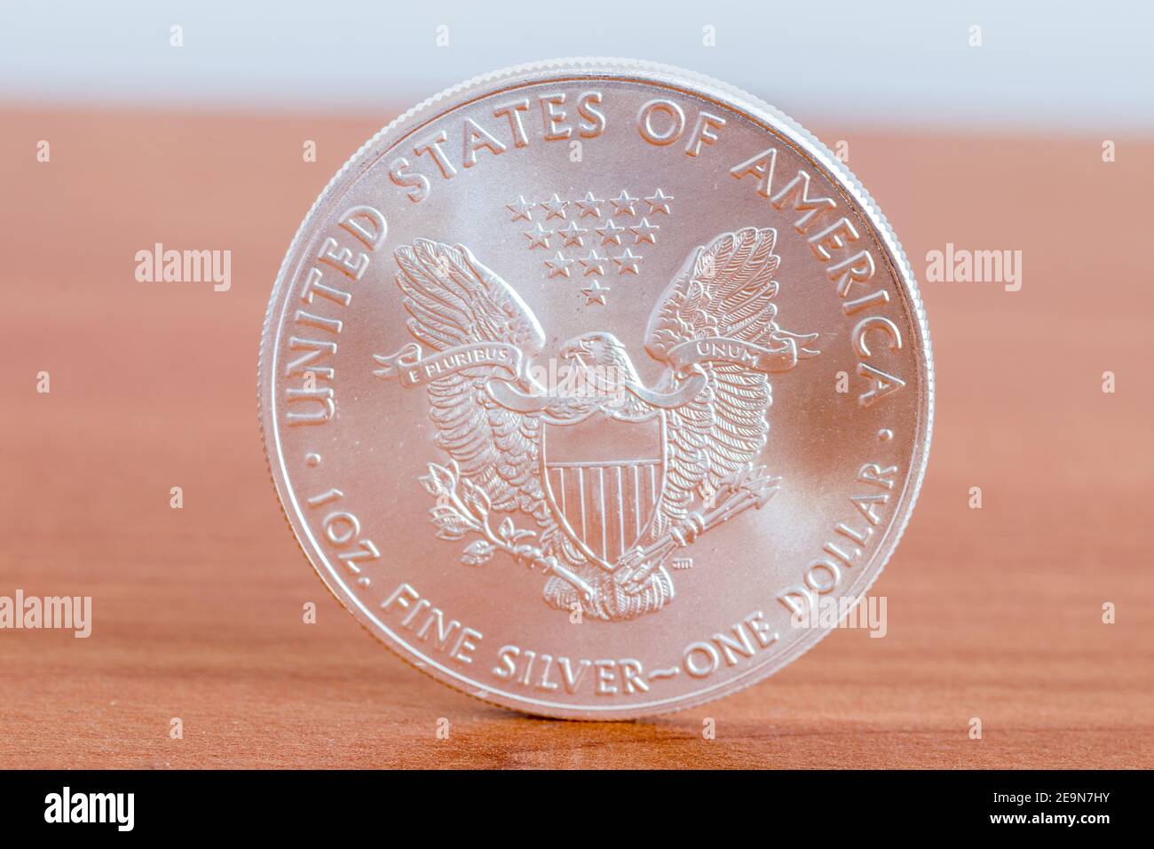 1oz feines Silber ein Dollar (Bullion Coin). 1 Dollar American Silver Eagle. Stockfoto