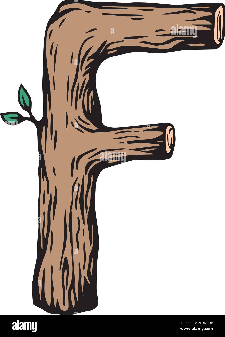 Farbige Gravur Buchstabe F aus Holz mit Blättern Der weiße Hintergrund Stock Vektor