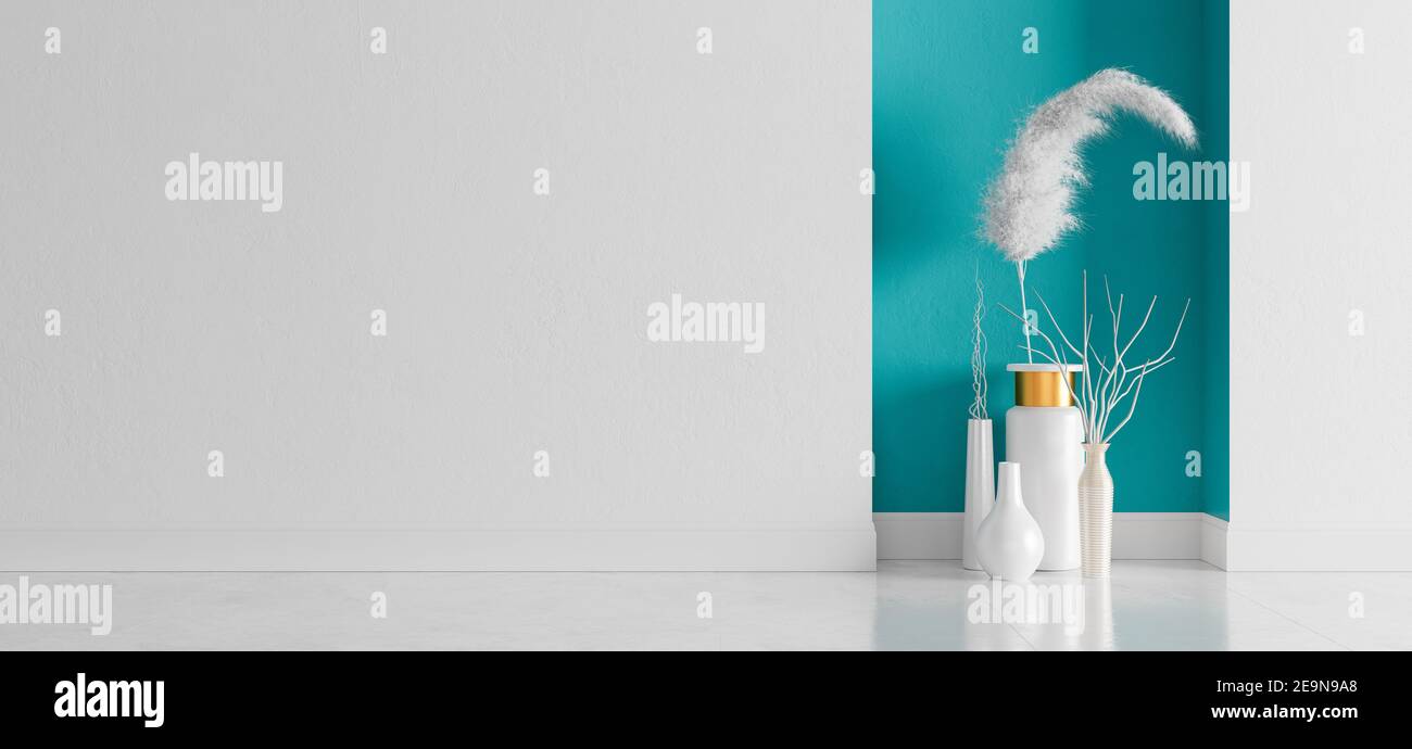 Leer Wohnzimmer Innenarchitektur mit dekorativen Pflanzen in Vasen, weiße und blaue Wand mit Kopierraum 3D Render 3D Illustration Stockfoto