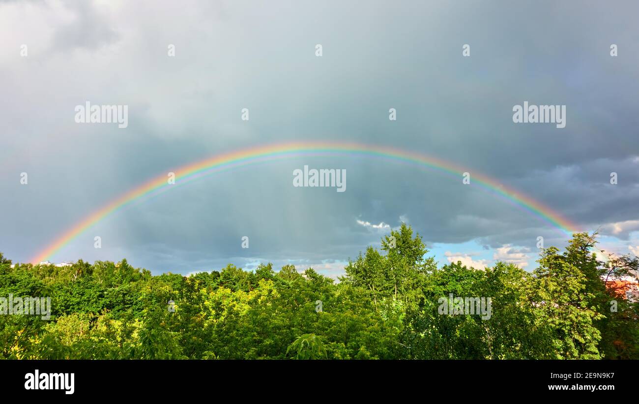 Ganzer Regenbogen am Himmel über dem Park Stockfoto