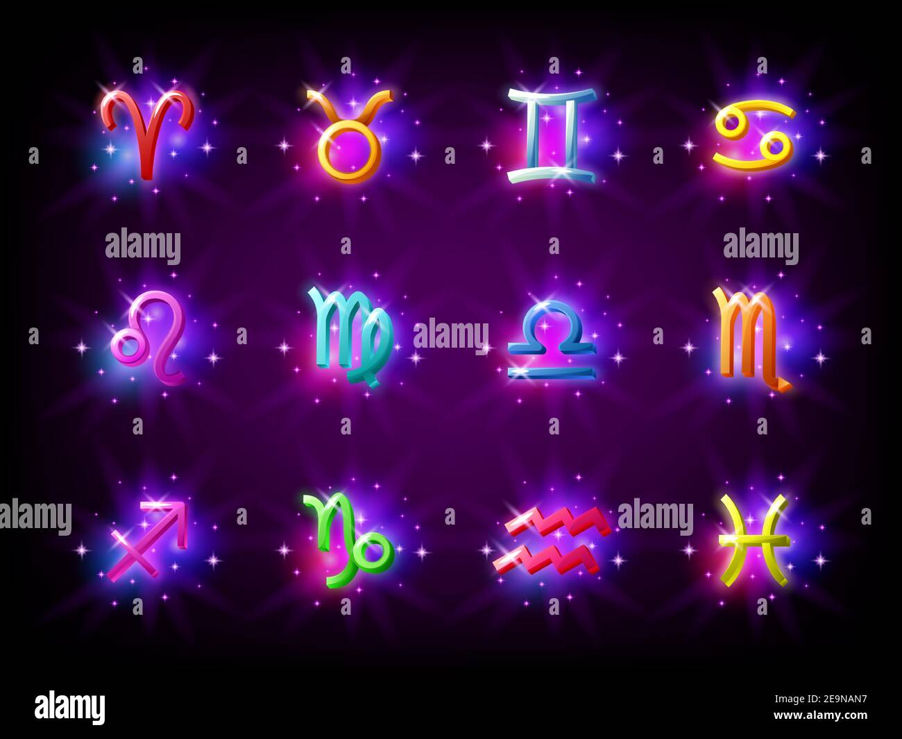 Bunte Sternzeichen Sternzeichen gesetzt. Horoskop. Widder, Stier, Zwillinge, Krebs, Löwe