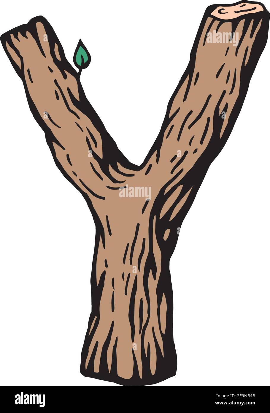 Farbige Gravur Buchstabe Y aus Holz mit Blättern Der weiße Hintergrund Stock Vektor