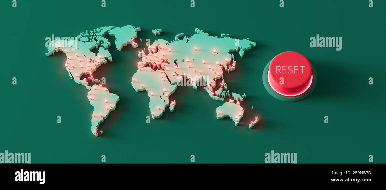 Weltkarte mit globaler Reset-Taste 3D Rendering 3D Abbildung Stockfoto