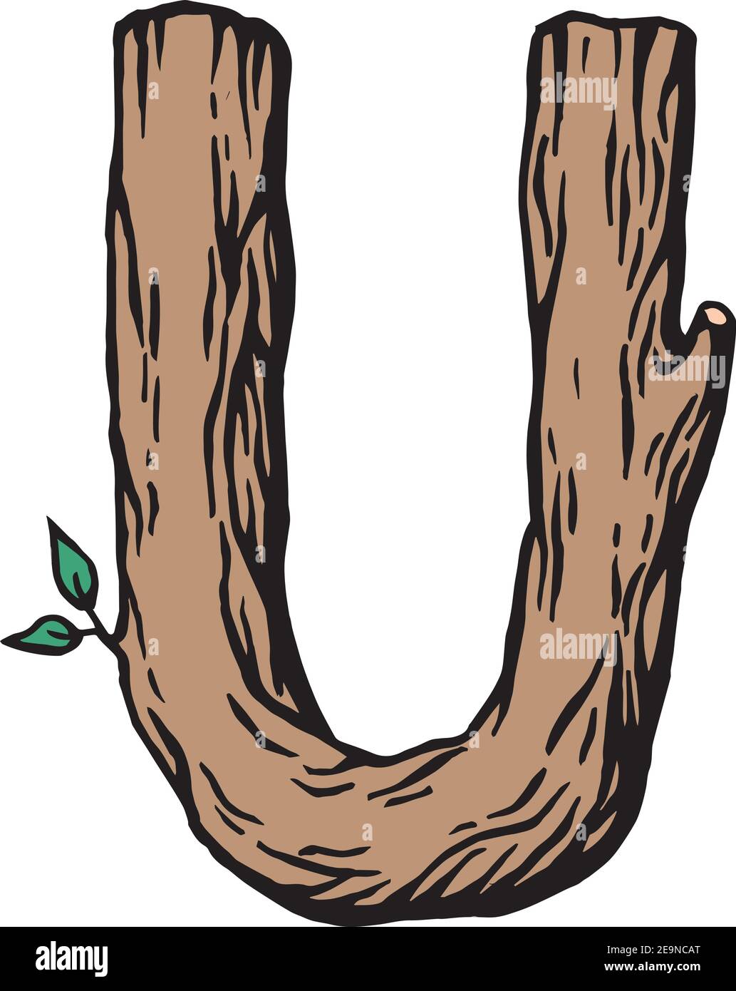 Farbige Gravur Buchstabe U aus Holz mit Blättern Der weiße Hintergrund Stock Vektor