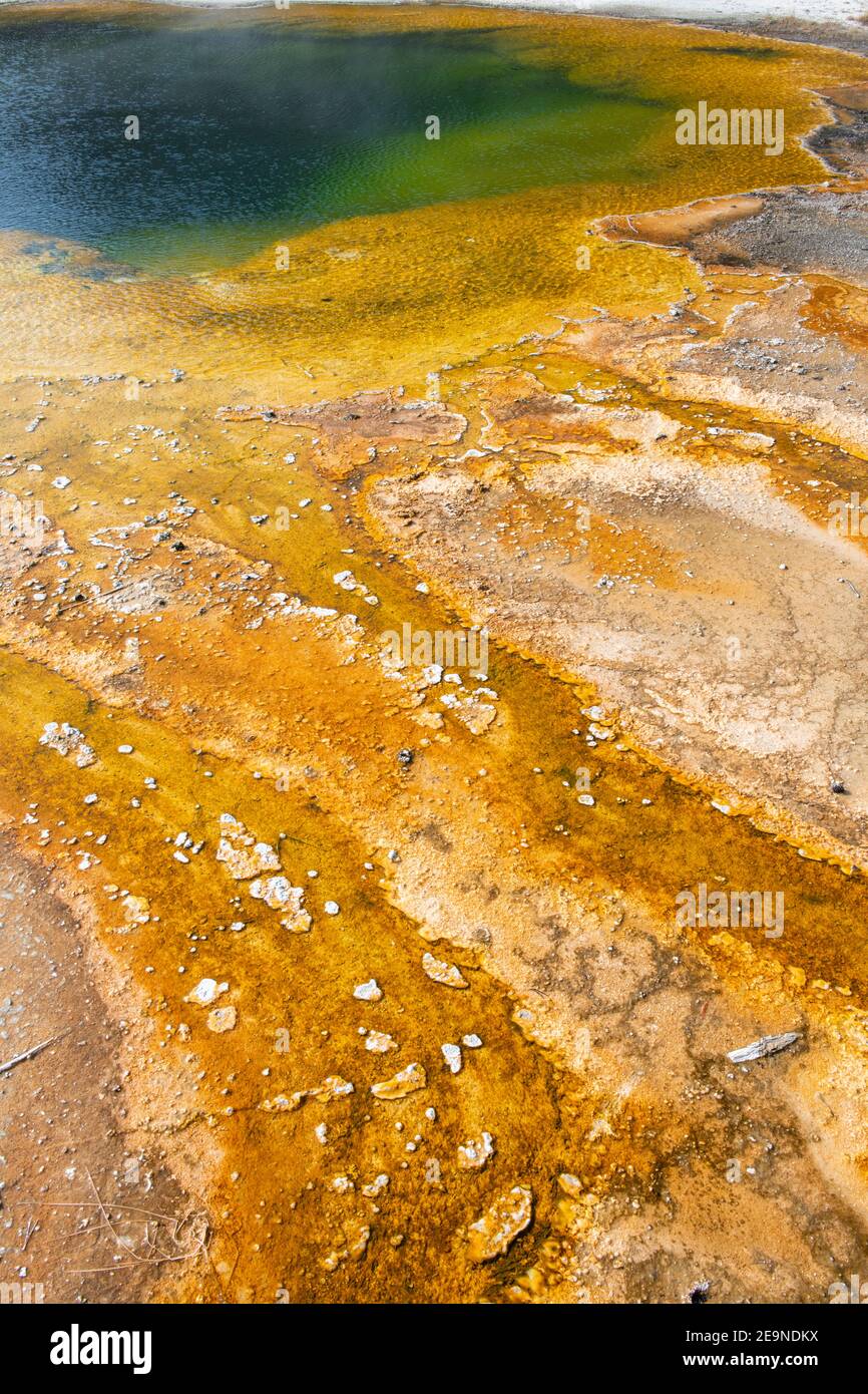 Nordamerika, Wyoming, Yellowstone Nationalpark, Black Sand Basin, Emerald Pool. Grüner Pool mit gelber Thermopile Bakterienmatte. Stockfoto