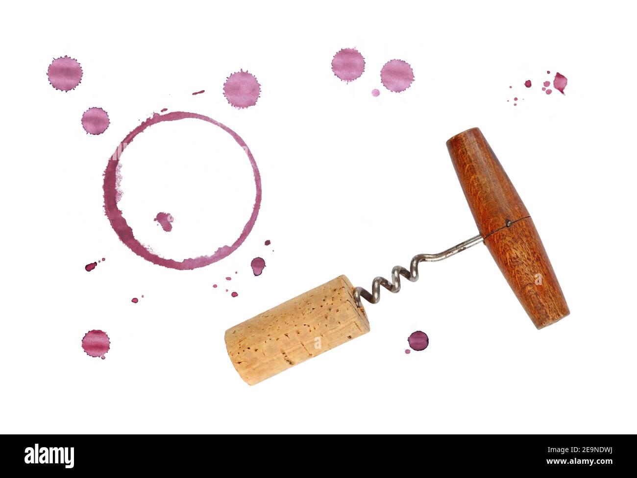 Eine rote Wein Korken Korkenzieher Flaschenöffner, chemische Kreis ring Fleck aus Glas und Blob fällt auf weißem Hintergrund Stockfoto