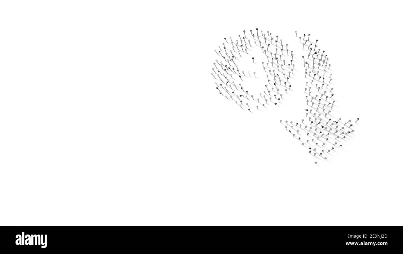 3D Rendering von Nägeln in Form eines Dollarsymbols Symbol und Abwärtspfeil mit isolierten Schatten auf weißem Hintergrund Stockfoto