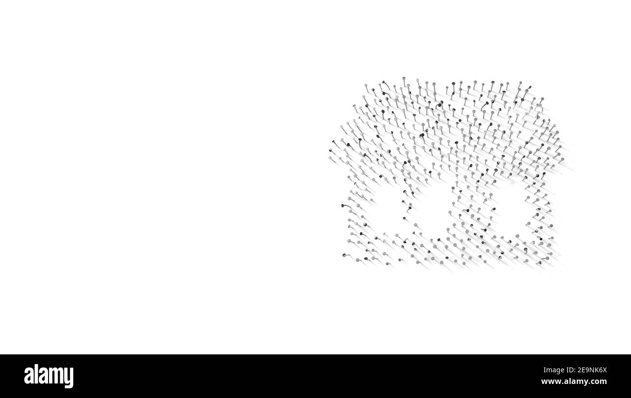 3D Rendering von Nägeln in Form von Symbol des Hauses Mit drei großen Fenstern mit Schatten isoliert auf weißem Hintergrund Stockfoto