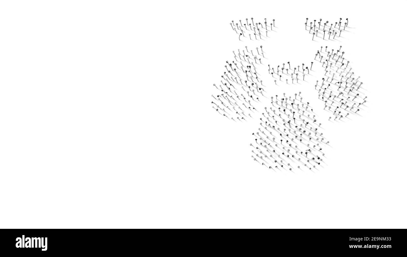 3D Darstellung der Nägel in Form eines Dreiersymbols Geldbeutel mit Schatten isoliert auf weißem Hintergrund Stockfoto