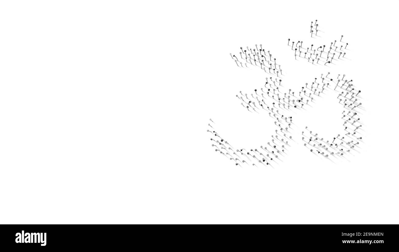 3D Rendering von Nägeln in Form des Symbols von om Symbol mit Schatten auf weißem Hintergrund isoliert Stockfoto